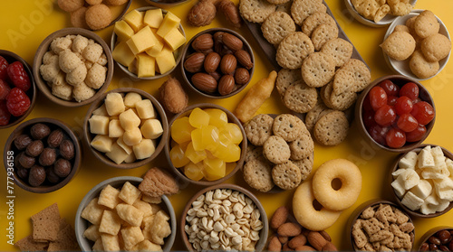 top view of various snacking on yellow background, colorful background.generative.ai