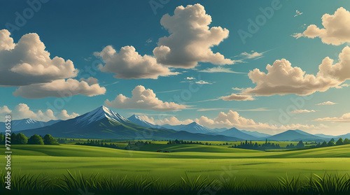 Green field and blue sky with clouds. Nature composition. 3d render, Hilly green landscape view with green grass and beautiful sky.generative.ai