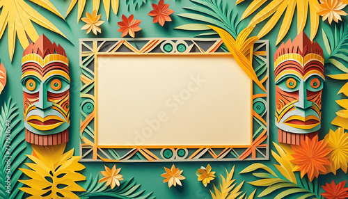 A quirky tiki scene with a blank central sign featuring a polynesian style tiki mask, palm leaves, flowers  in a cut and folded paper style, origami style photo