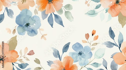 Minimalist Watercolor flowers pattern  photorealistic with warm tones and orange  blue and light pink flowers and green leaves  high details  8k high resolution  transparent background. 