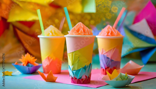 Cups of  tasty fruity frozen drinks In a cut paper origami style - multi colored sweet beverages made of folded paper in shallow depth of field photo