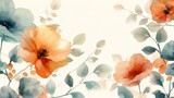 Minimalist Watercolor flowers pattern, photorealistic with warm tones and orange, blue and light pink flowers and green leaves, high details, 8k high resolution, transparent background. 