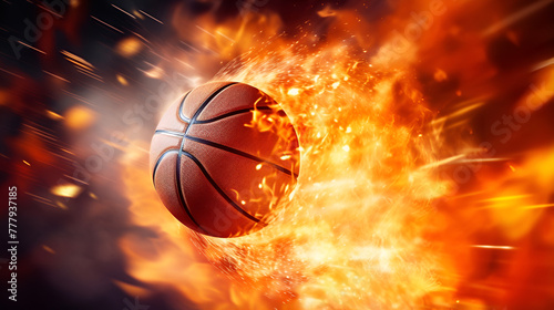 the basketball is flying in a fire championship rebounding on a fiery background