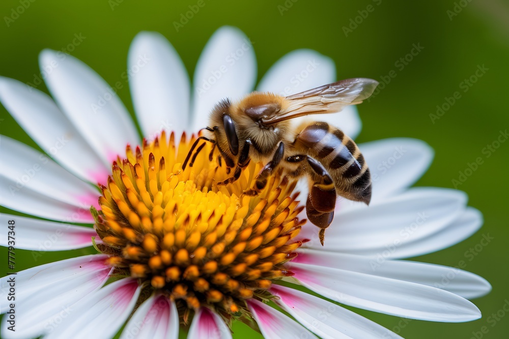 StockImage Closeup honeybee diligently collecting nectar from flower StockImage Closeup honeybee diligently collecting nectar from flower
