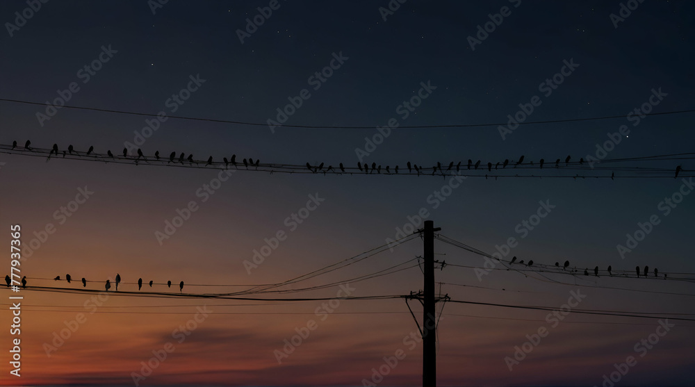 Flock of swallow birds spending the night in the telephone wires. One bird breaks the pattern.generative.ai