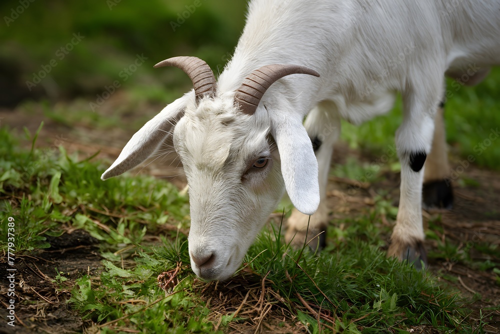 StockImage Close up portrait captures cute goat grazing outdoors StockImage Close up portrait captures cute goat grazing outdoors