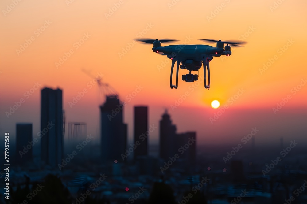 StockImage Silhouette of drone glides over cityscape at sunset StockImage Silhouette of drone glides over cityscape at sunset