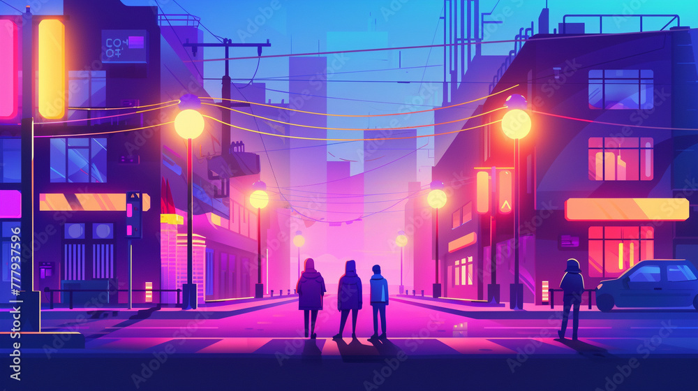 夕暮れの街並みと歩く人たちのイラスト