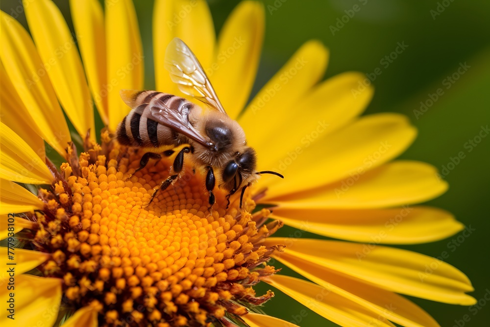 StockPhoto Busy honey bee diligently collects pollen from yellow flower StockPhoto Busy honey bee diligently collects pollen from yellow flower