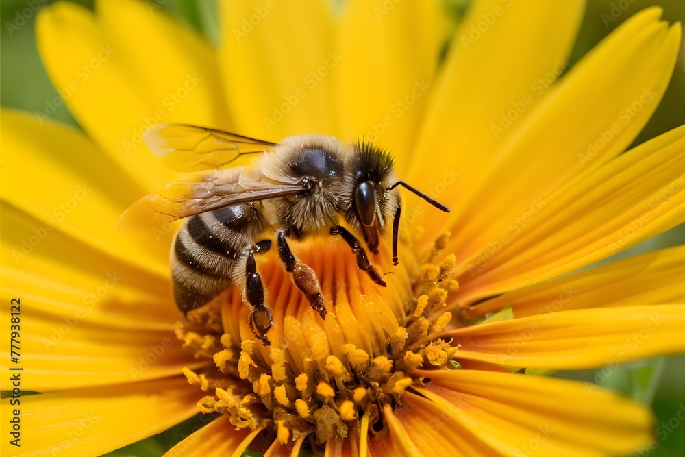 StockPhoto Busy honey bee diligently collects pollen from yellow flower StockPhoto Busy honey bee diligently collects pollen from yellow flower
