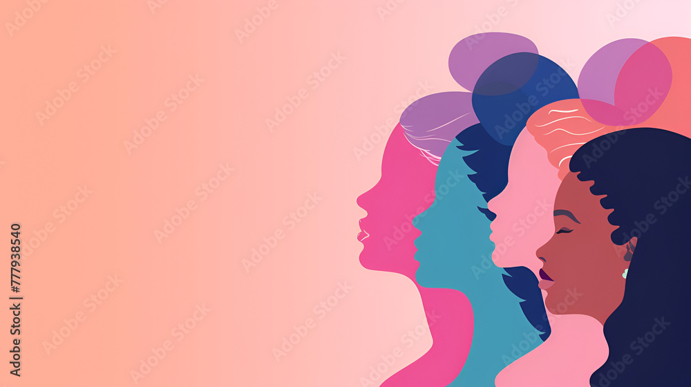Womens History Month. Women's day. Poster with different women. 8 march, Women's day celebration banner, 8 march, multiple women faces graphic illustration, pink background. Generative AI
