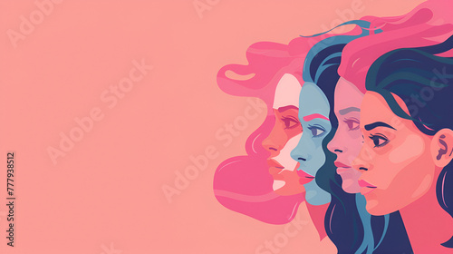 Womens History Month. Women s day. Poster with different women. 8 march  Women s day celebration banner  8 march  multiple women faces graphic illustration  pink background. Generative AI