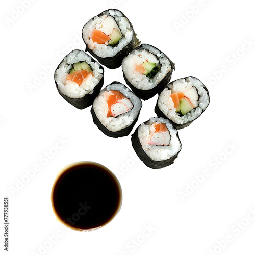 sushi rolls with soy sauce isolated on transparent background