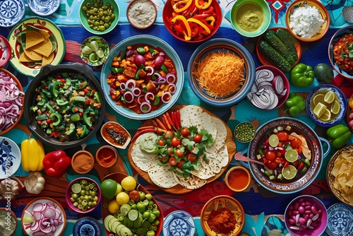 Mexican food in colorful bowls on blue background. Top view. Ai generated.
