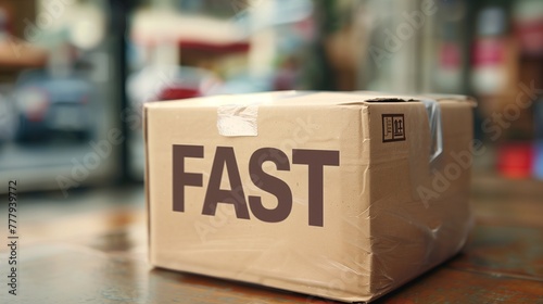 A cardboard package sealed with tape and prominently displaying an Fast sticker, indicating urgent shipment, ready for immediate dispatch in a shipping facility. photo