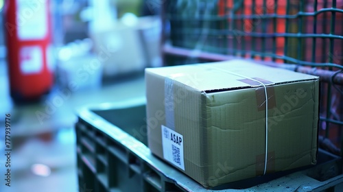 A cardboard package sealed with tape and prominently displaying an ASAP sticker, indicating urgent shipment, ready for immediate dispatch in a shipping facility.