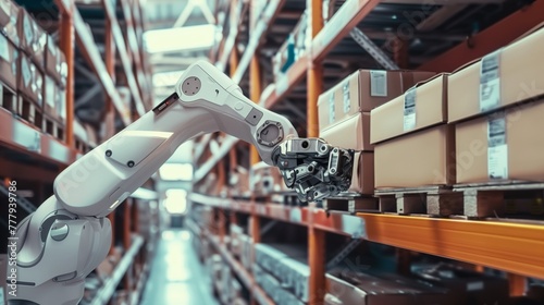 Automated warehouse scene where multiple robotic arms are efficiently selecting and retrieving items from organized shelves, showcasing advanced logistics automation for streamlined operations.