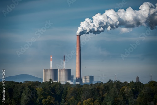 Tall chimney pollutes air with water vapor and smoke pollution