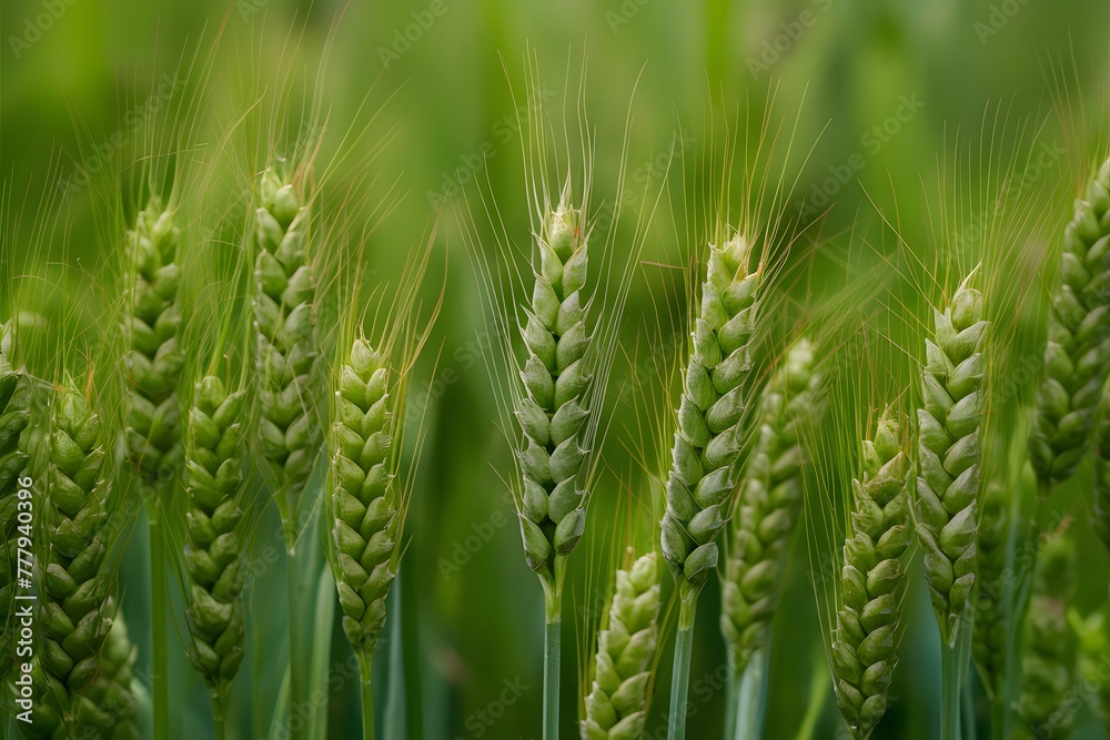 Tender shoots of vibrant green wheat in early growth stage