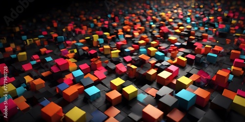Colorful cubes of various sizes floating and playfully interacting with a black background.