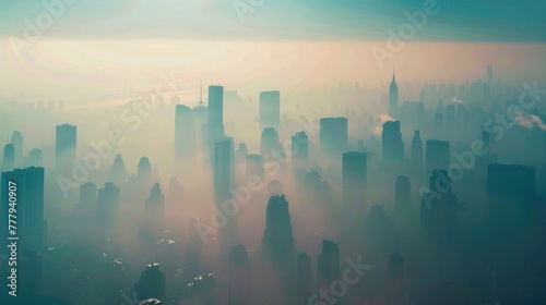 Ethereal Cityscape Enveloped in Mist with Unseen Skyscrapers and Hazy Sunrise Light photo