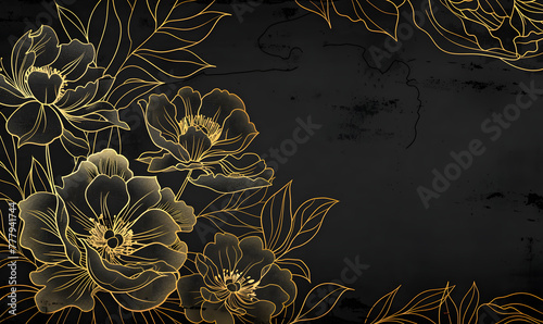 Fototapeta Naklejka Na Ścianę i Meble -  A golden line art of peonies on the left side against a black background,Generative AI 