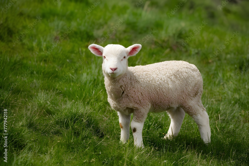 Woolly lamb enjoying lush green meadow in pastoral setting