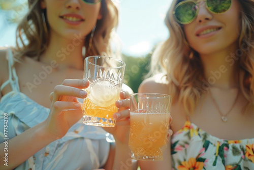 Crop women clinking glasses of juice in park