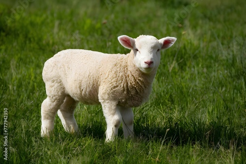 Woolly lamb enjoying lush green meadow in pastoral setting