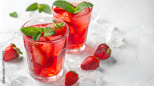 Strawberry Basil Iced Tea or lemonade in a jars on a gray stone background ,Water with ice, strawberry syrup, fresh strawberries and mint in a glass cup on a white background. A refreshing strawberry 