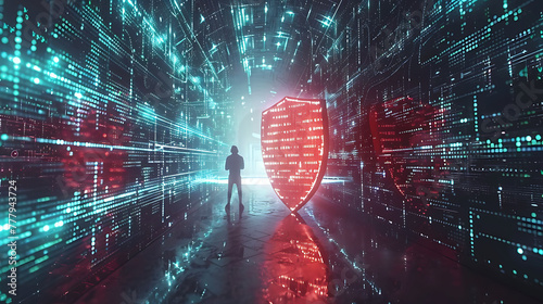 A digital warrior in cyberspace deflecting malware attacks with a shield made of binary code.