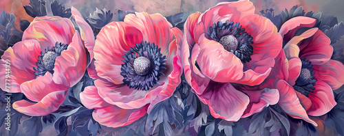 Pink anemone blossom oil painting. Banner with beautiful spring flowers. © bit24