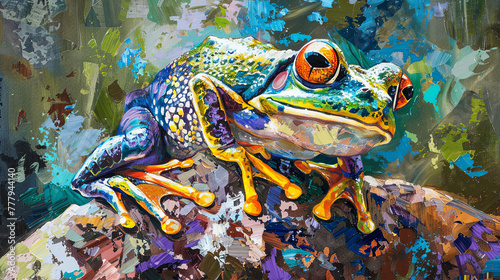 Illustration of cute frog on abstract background. Oil painting.