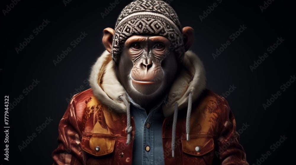 View of funny monkey in human clothing
