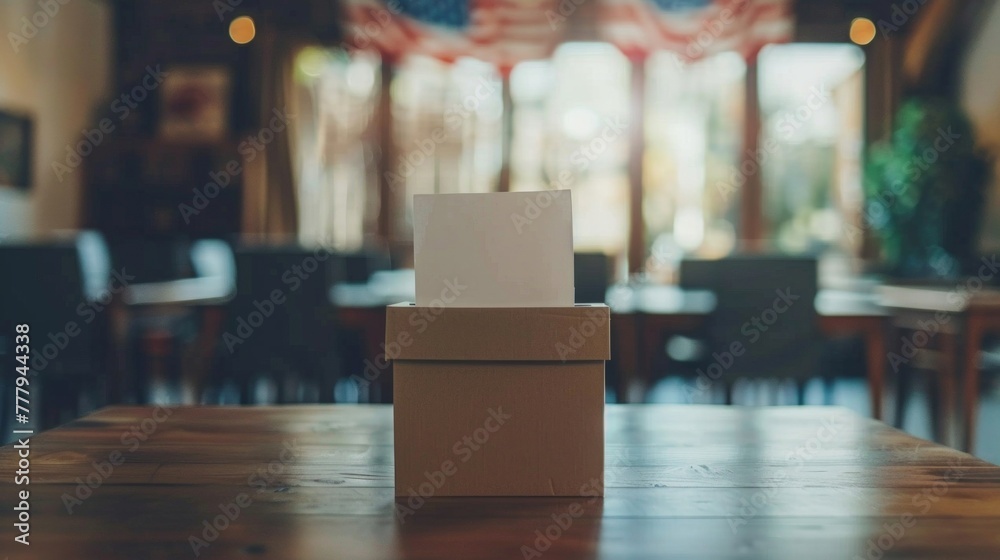 A brown cardboard box with a blank label stands on a wooden table against a softly blurred interior background.