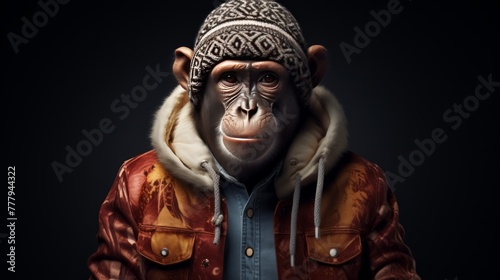 View of funny monkey in human clothing