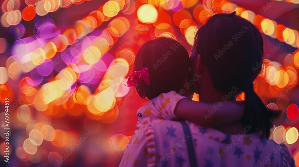 Back view of a mother holding her child against a vibrant backdrop of bokeh festive lights, depicting family warmth.