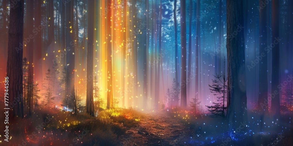 Fantasy illustration of an enchanted forest path with mystical lights and vibrant colors.