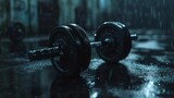 Heavy gym dumbbells on a wet reflective surface, capturing a mood of determination and strength.