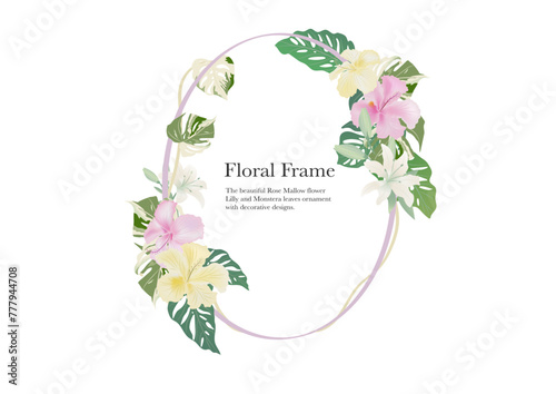 tropical flower frame banner on white background