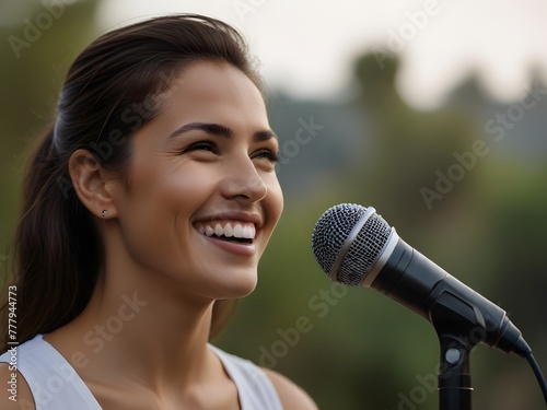 Mujer sonriente cantando con un microfono photo