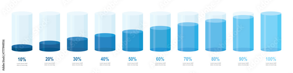 Blue gradient round slim chart bars template, clear 10%-100% infograph layout. Graphic flat design interface illustration elements for app ui ux web banner button vector isolated on white background Blue gradient round slim chart bars template, clear 10%-100% infograph layout. Graphic flat design interface illustration elements for app ui ux web banner button vector isolated on white background