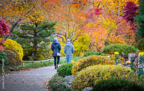 Young couple walking in park at fall; colorful trees and bushes on both sides of footpath