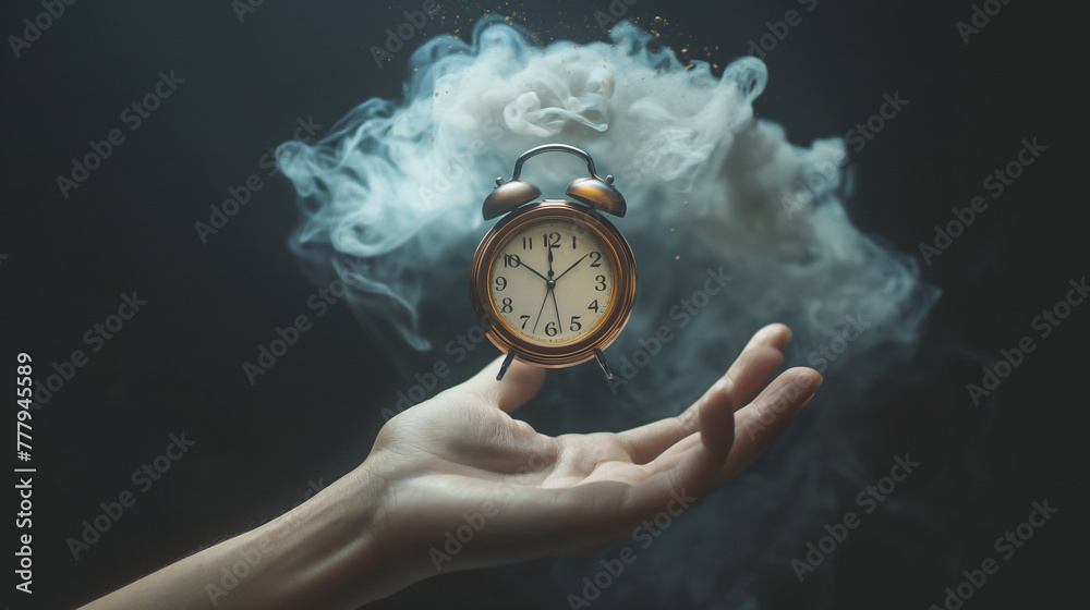 Levitating Big alarm clock showing time going out over female hand 