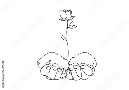 Rose Flower in Hands Black Sketch Isolated on White Background. Love Symbol for Modern Design. Hands with Rose One Line Illustration. Minimalist Botanical Drawing. Vector EPS 10. © Наталья Дьячкова
