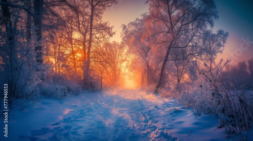 A winter scene featuring a snowy path winding through a forest, illuminated by the warm glow of the setting sun