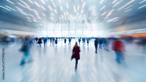 A blurry scene of people in motion, walking through a busy airport terminal photo