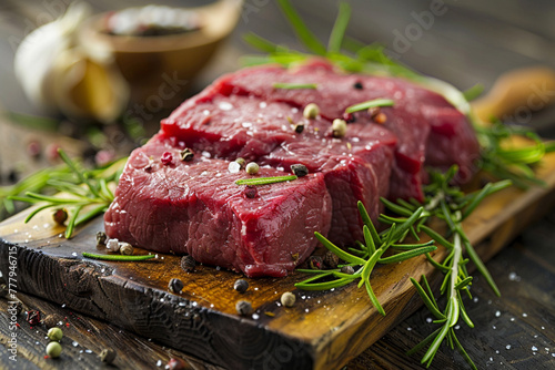 fresh raw steak meat on wooden board with rosemary and spice.