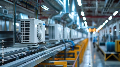 Air conditioners on a production line inside an industrial manufacturing plant, implying mass production and technology assembly process.