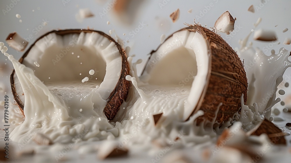 A split coconut with pieces flying and milk splashing against a neutral background, depicting freshness and tropical flavor. A split coconut with pieces flying and milk splashing against a neutral background, depicting freshness and tropical flavor.